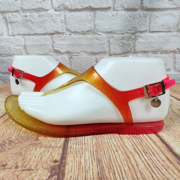 Jessica Simpson 6 Jelly Sandals Pink Yellow Ombre Glitter T-Strap Buckle Summer - Picture 4 of 14